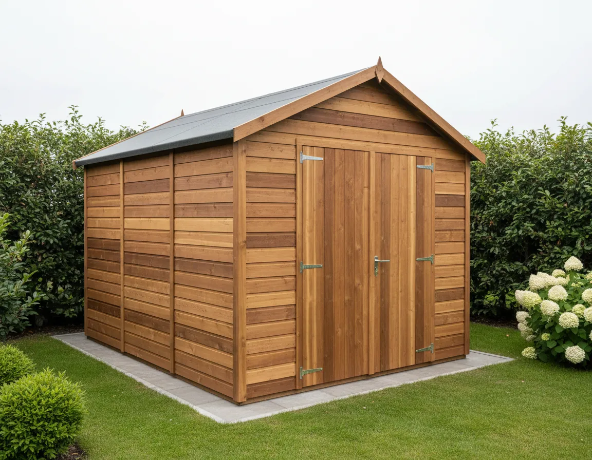[IMAGE: Garden shed with double doors]